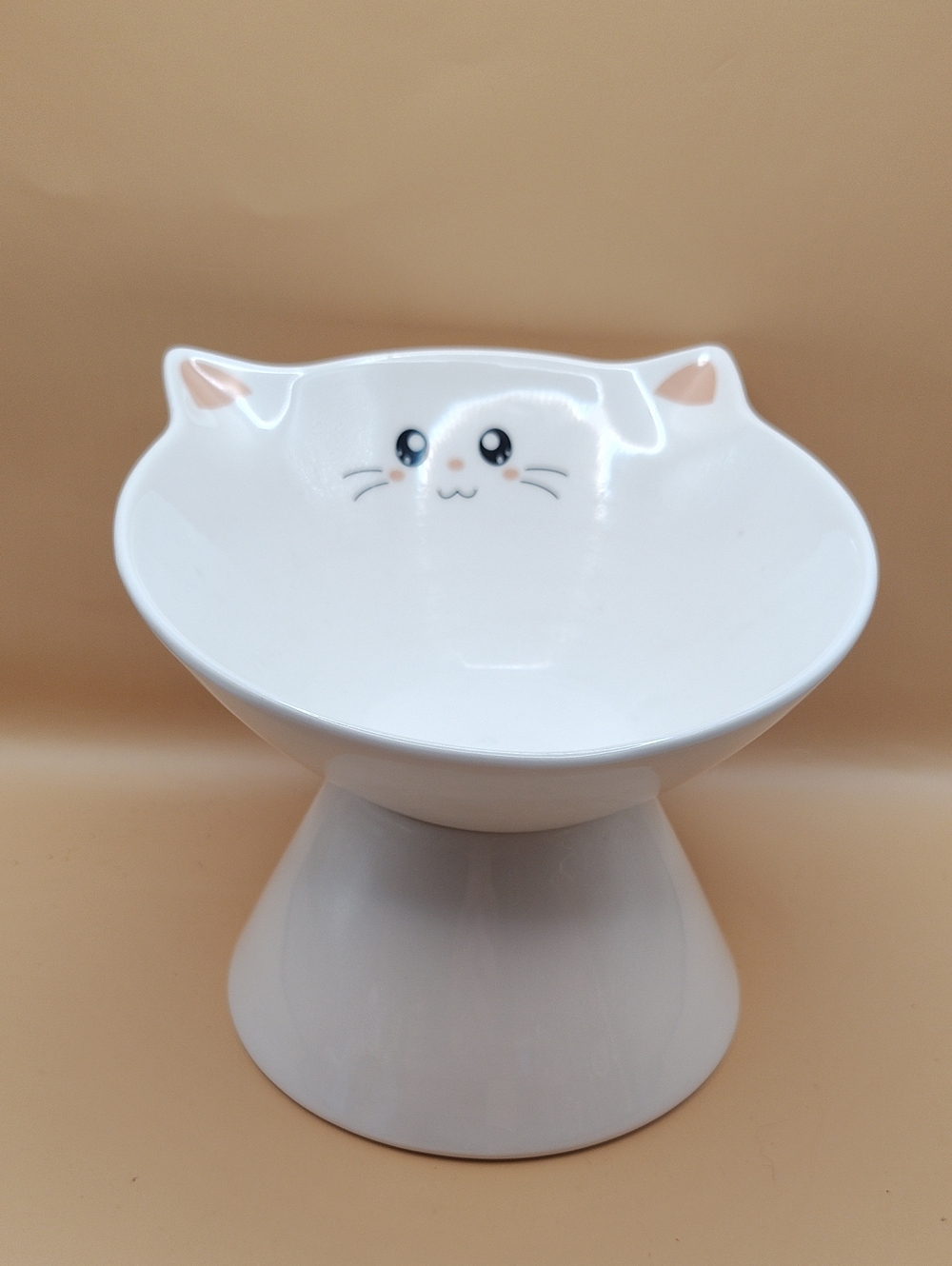 Large White Cat Face Elevated Pedestal Ceramic Pet Bowl - Cute Raised Feeder